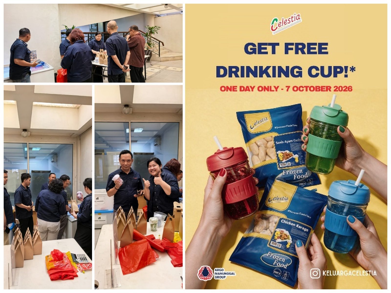 Kolase dokumentasi stan Celestia dan materi promosi drinking cup pada seminar internal Romindo dan Boehringer di PT Argo Manunggal Group, 7 Oktober 2026.